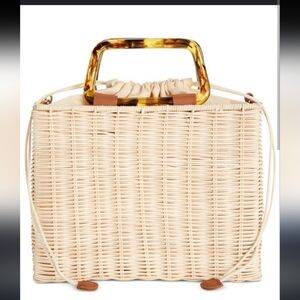 I.N.C  Coastal Preppy Straw Structured Feminine Boho Bag w Tortoiseshell Handle